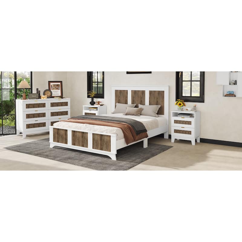Queen-Size Wood Platform Bed Frame with Headboard - Wooden Strip Decoration and Plywood Slat Support