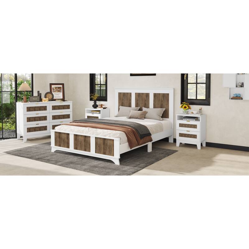 Stylish Platform Bed Slats Support Wood Bed, Rustic Farmhouse Style Bed Frame with Wooden Strip Decoration Elevated Headboard