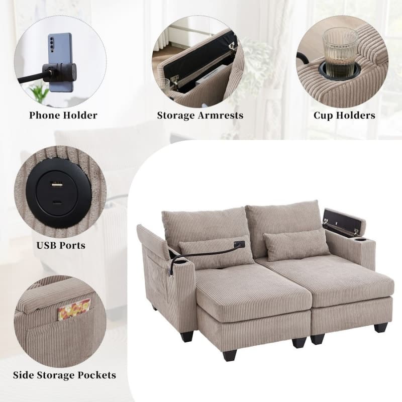 63" Corduroy Convertible Loveseat Sofa Bed with USB Ports, Two Cup Holders, A Phone Holder for Living Room