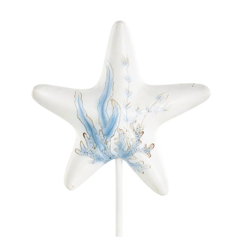 White Polystone Shell and Starfish Sea Life Decorative Sculpture with Blue Coral Patterns (Set of 3)