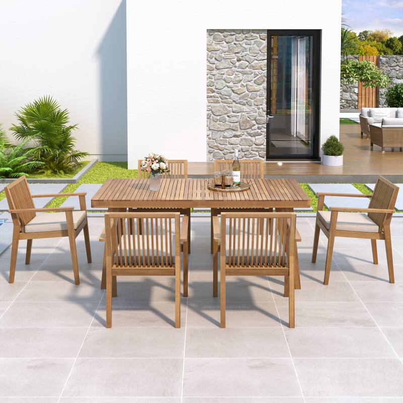 Roomfitters Patio Dining Chairs, Acacia Wood Armchairs with Cushions, Outdoor Seating in Brown - Beige,Brown; Wood Table with 6 Cushioned Chairs