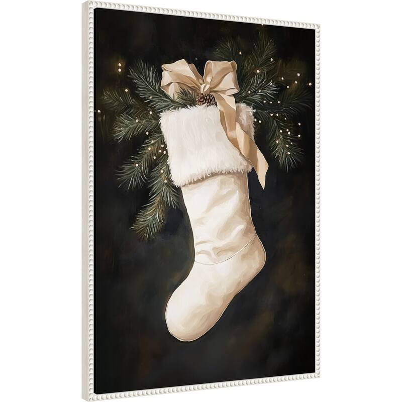Christmas Stocking with Pine and Ribbon by Melloi Art Prints (23 x 33 in.), Framed Canvas Wall Art Print - Sylvie Beaded White