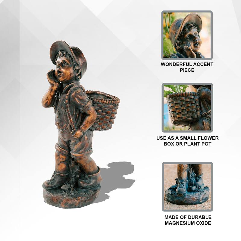 XBrand 24" H Faux Bronze Magnesium Oxide Walking Boy Garden Statue w/Small Flower Plant Pot, Natural Design Sculpture