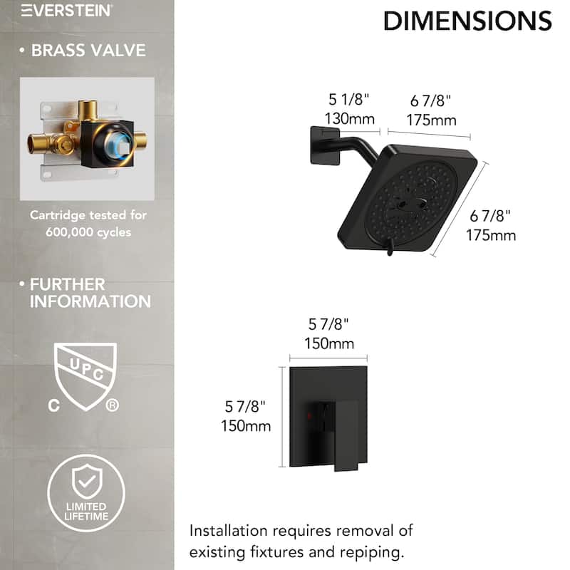 Square Shower System with 7 Spray Modes and Pressure Balance Valve