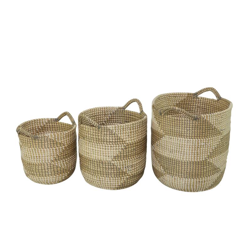 Seagrass Handmade Two Toned Storage Basket with Handles - Set of 3 Brown - CosmoLiving by Cosmopolitan