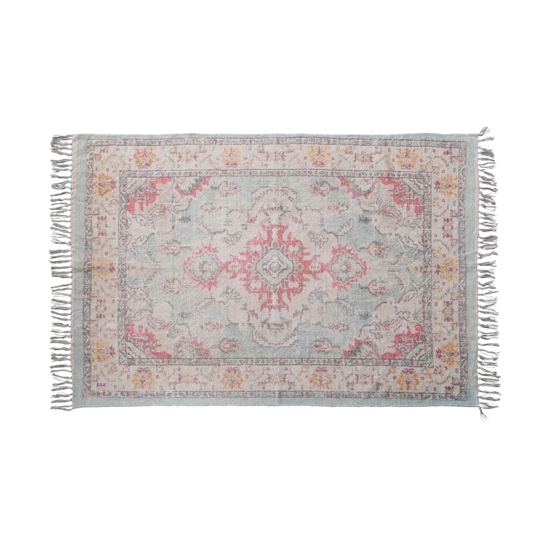 Cotton Chenille Distressed Print Rug with Fringe