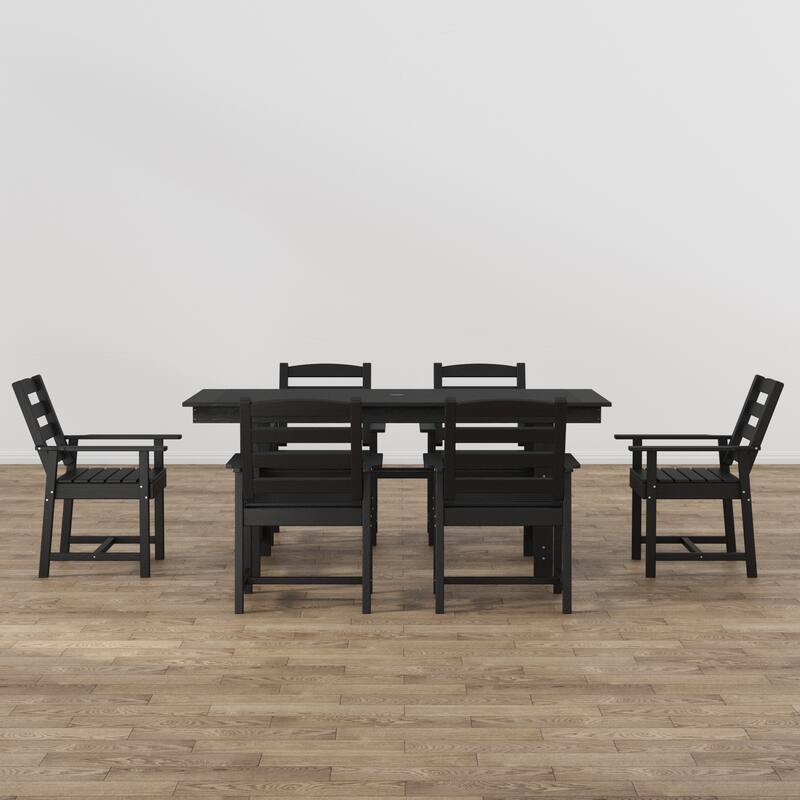 Outdoor Dining Table and Chair Set: HDPE Material, Wood - Grain Design