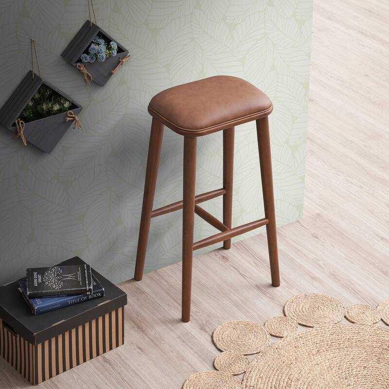Jason Mid-Century Modern Pu Leather Bar Stool Black Brown Solid Wood 13X17X30 Inches