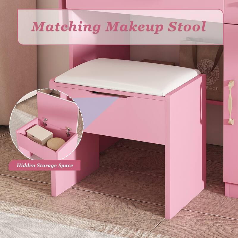 Vanity Desk with LED Mirror, Power Outlet, 3 Drawers, 7 Shelves and Storage Stool, Makeup Table for Women