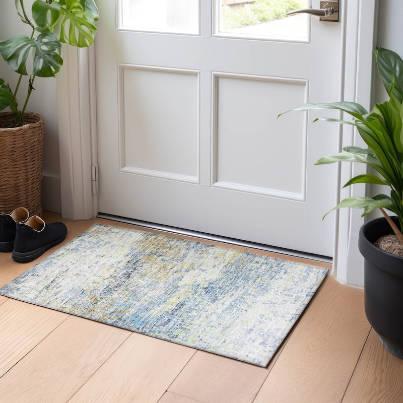 Machine Washable Indoor/ Outdoor Abstract Contemporary Chantille Rug - Blue - 1'8" x 2'6"