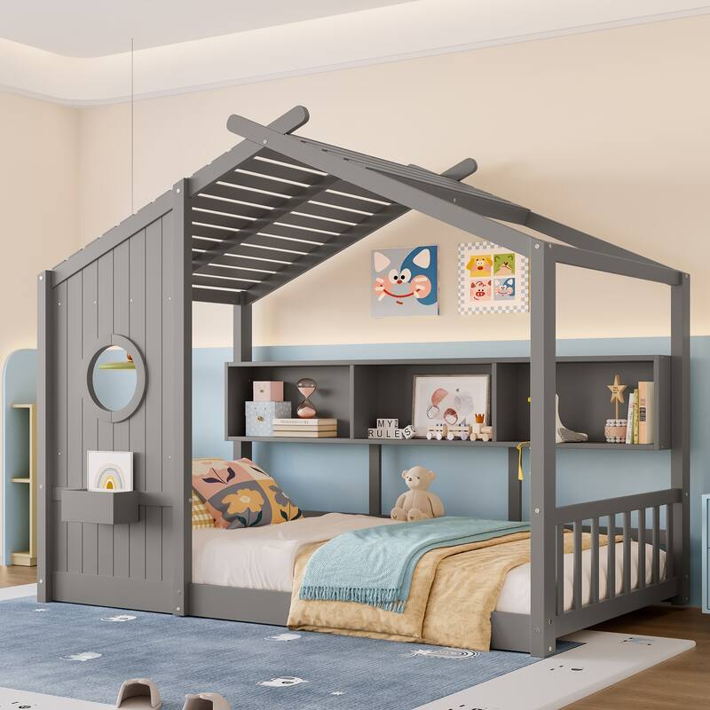 House Bed Frame for Toddler Floor Bed, Kids Montessori Bed with Storage Shelf and Round Window, Playhouse Bed with Roof Design