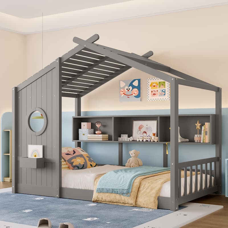 Twin Size Playhouse Floor Bed for Kids with Storage Shelf, Montessori Bed with Roof Design, Gray