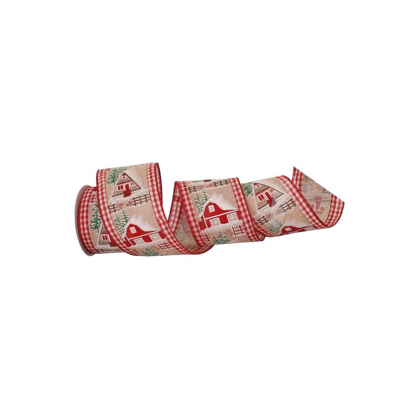 4" X10y Barn House Scene On Check Ribbon