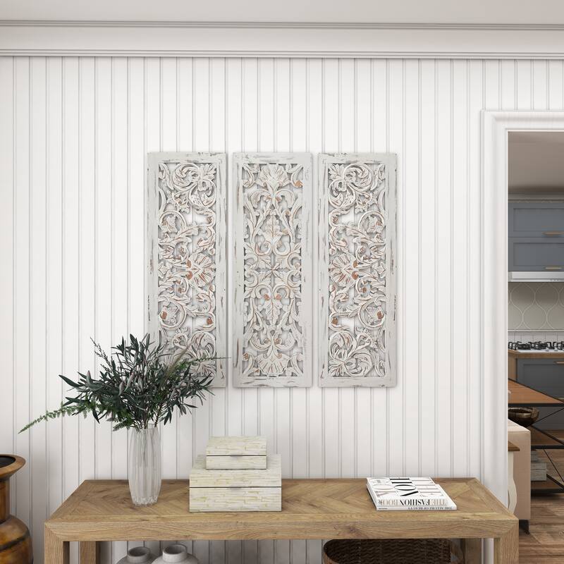White Wooden Handmade Intricately Carved Floral Home Wall Decor (Set of 3)