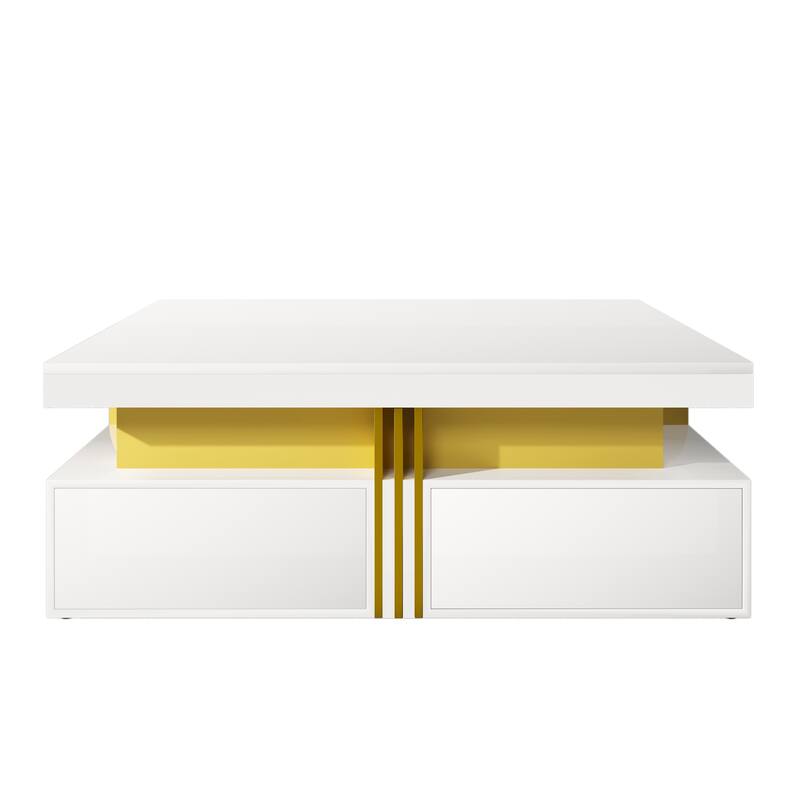 43.3" Modern Square Coffee Table with 4 Hidden Drawers, Glossy Living Room Table with Gold Accents, Space-Saving Storage Table
