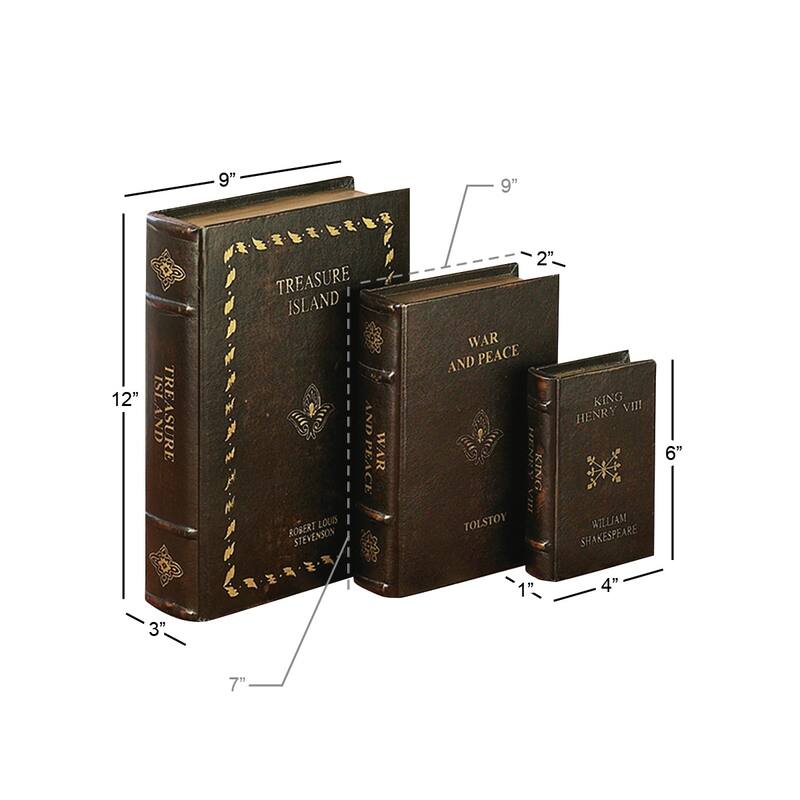Brown Wooden Vintage Inspired Faux Storage Book Decorative Box with Faux Leather Detailing (Set of 3)