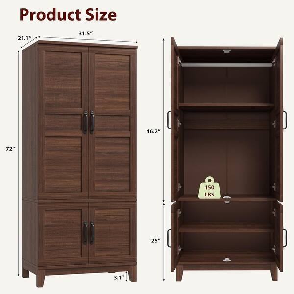 dimension image slide 3 of 4, 72in Armoire Wardrobe Closet with 4 Doors and Hanging Rod, Freestanding Tall Storage Cabinet with Adjustable Shelves