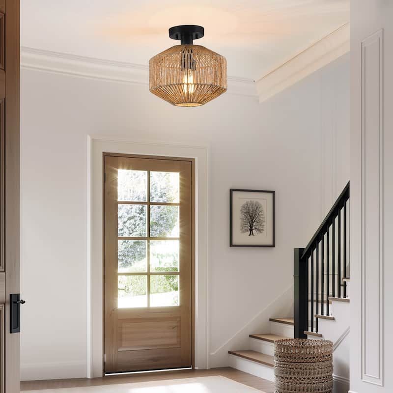 True Fine Bohemian Natural Jute Rope Semi Flush Mount Ceiling Light with Black Hardware