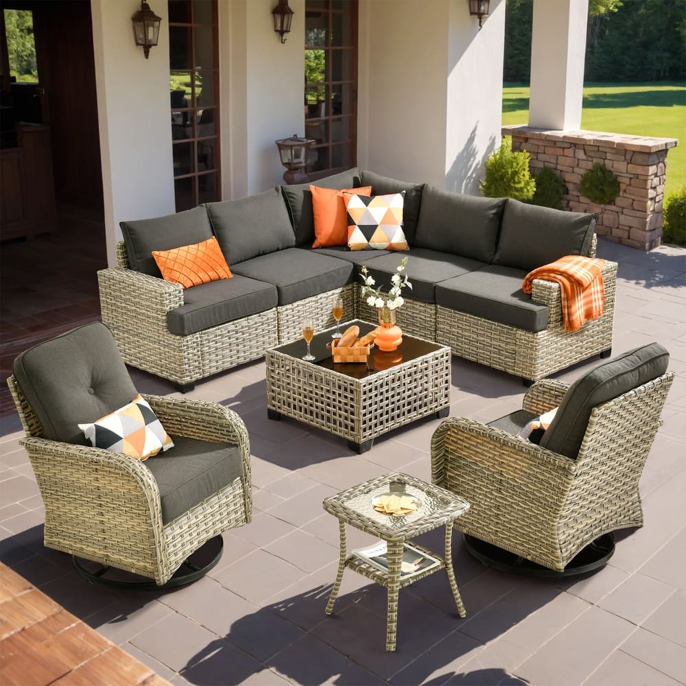 OVIOS 9 Pieces Swivel Chair Set Wide Arm T shaped Seat With Solar-Powered Coffee Table