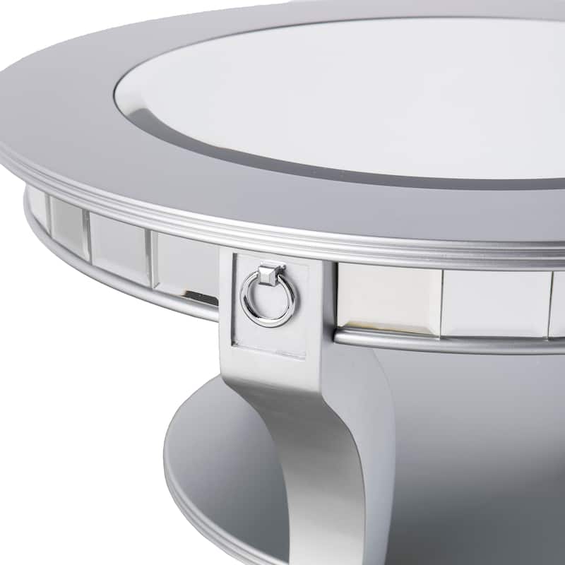SEI Furniture Olivia Contemporary Mirrored Round Coffee Table in Matte Silver Details and Shelf