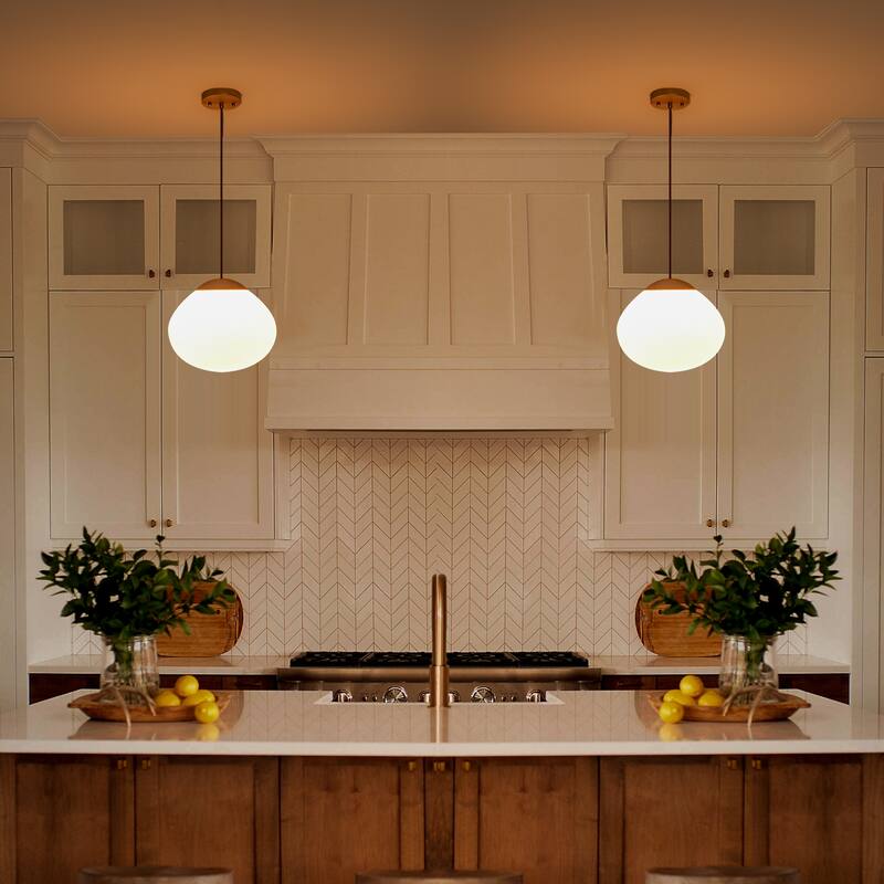 Modern Wood Pendant Light with White Glass Shade Kitchen Fixture - Dia.12.5-in