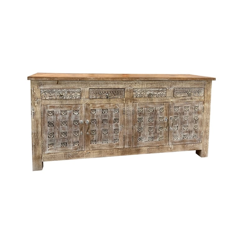 HomeRoots 74" Brown Distressed Solid Wood Carved Floral Four Drawer Sideboard with Four Doors