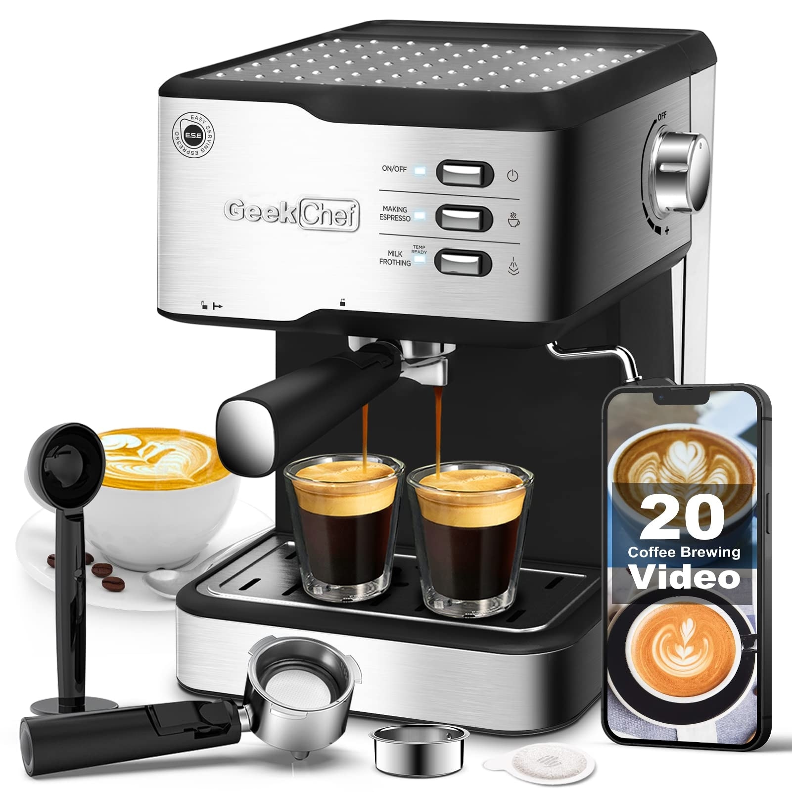 Espresso Machine 20 Bar, Cappuccino latte Maker Coffee with ESE POD capsules filter, 1.5L Water Tank, Stainless steel 950W, Grey