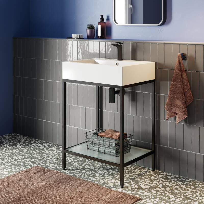 Swiss Madison Louis 24" Open Shelf Chrome Frame Freestanding Bathroom Vanity with Sink Top - Black