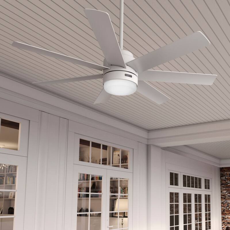 Hunter 52" Brazos Outdoor Ceiling Fan w/LED Light, Handheld Remote - Modern, Transitional, Windmill - Damp Rated - ENERGY STAR! - Fresh White