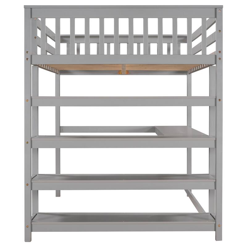 Full Size Loft Bed with Storage Shelves and Under-bed Desk in Gray