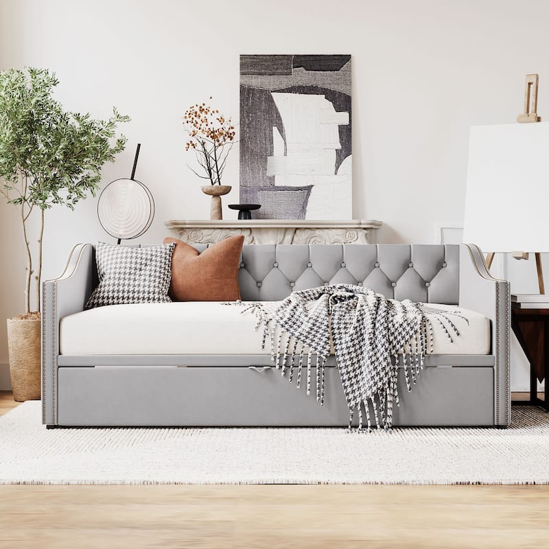 Button Tufted Backrest Daybed, Twin To King Extendable Sofabed with 2 Armrests & Pop Up Trundle Bed, Velvet Platform Bed