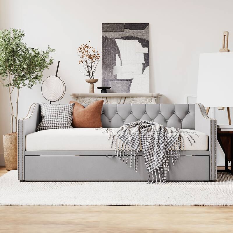 Twin Size Upholstered Daybed with Pop-Up Trundle, Expandable from Twin to King, Velvet with Armrests