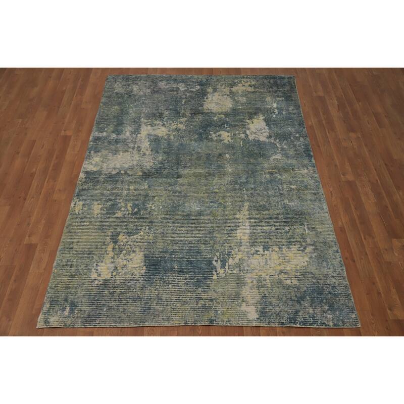 Hand Knotted Oriental Viscose Silk Carpet Modern All-Over Green Abstract Area Rug - 7' 9'' X 5' 4''