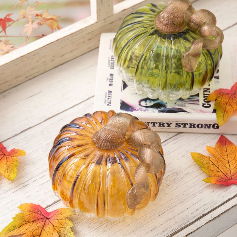 Glitzhome 6"D Green Amber Crackle Hand Blown Glass Pumpkins for Fall Harvest Halloween - Green & Amber Set