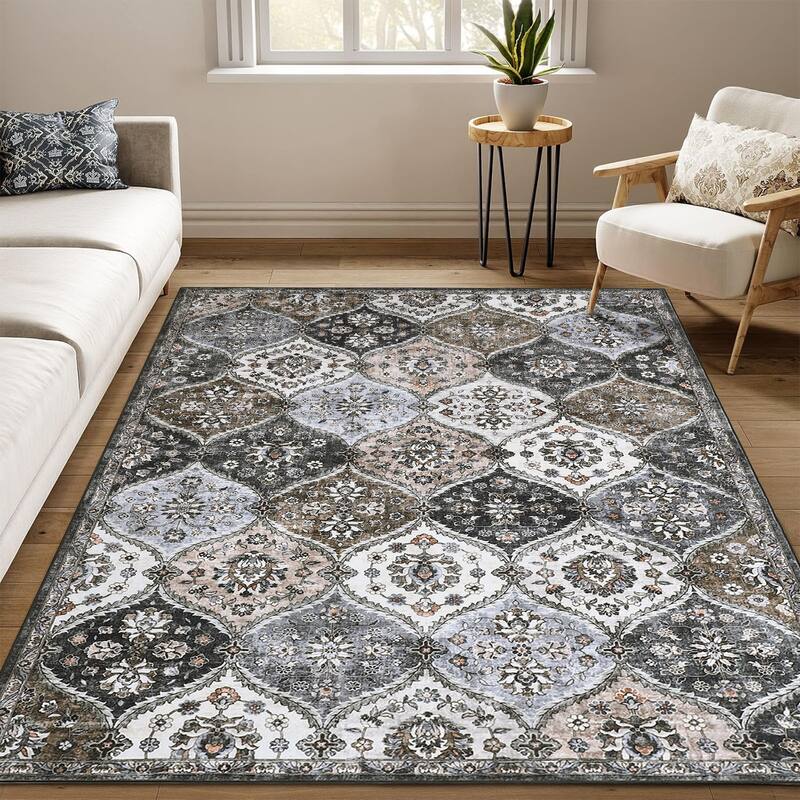 Rugs for Living Room Vintage Oriental Trellis Area Rug Soft Non Slip Low Pile Accent Rugs for Dining Room Office - 3'x5' - Gray Brown