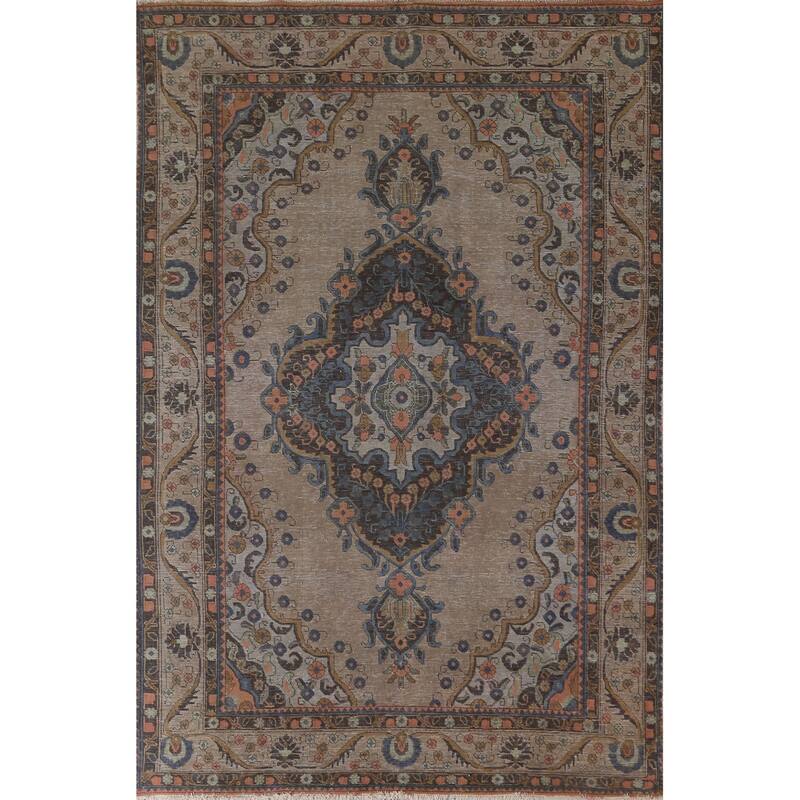 Over-Dyed Brown Tabriz Persian Vintage Rug Hand-Knotted Wool Carpet - 6'5"x 9'9"