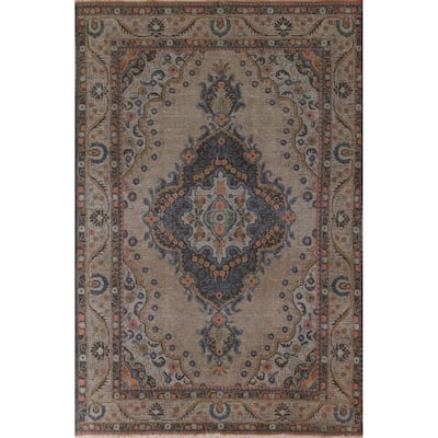 Over-Dyed Brown Tabriz Persian Vintage Rug Hand-Knotted Wool Carpet - 6'5"x 9'9"