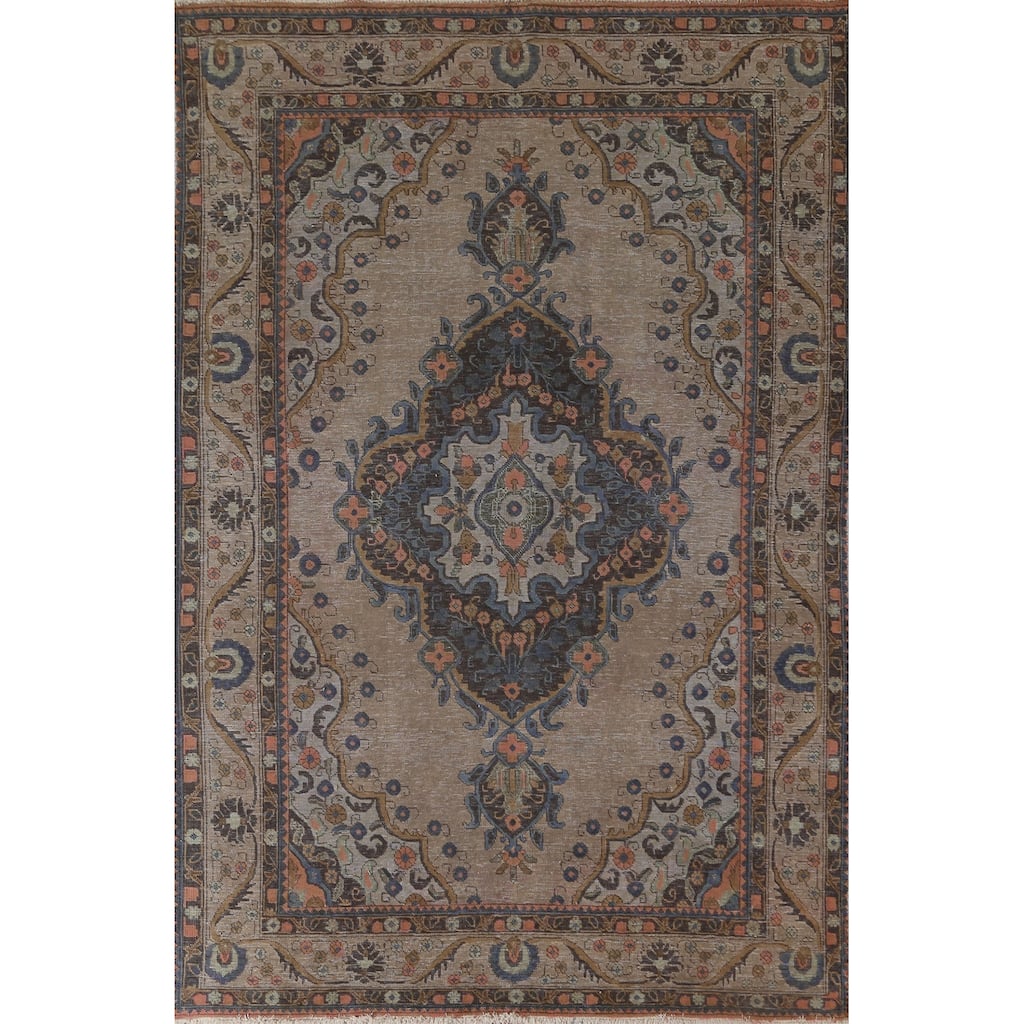 Over-Dyed Brown Tabriz Persian Vintage Rug Hand-Knotted Wool Carpet - 6'5"x 9'9"