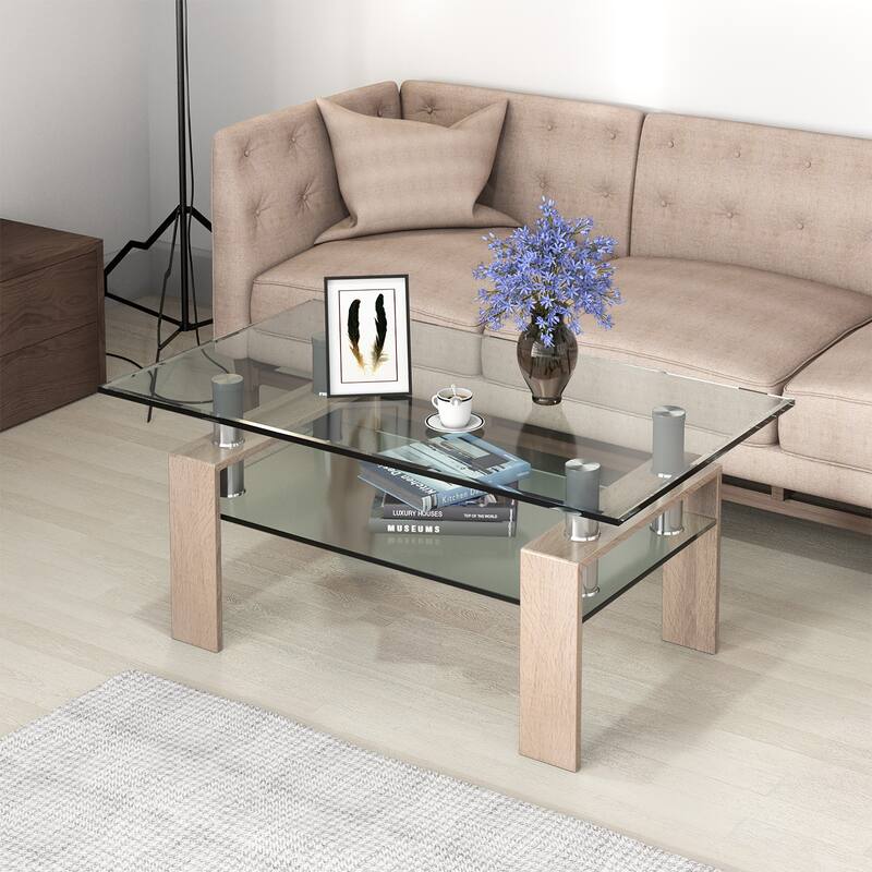 Costway Rectangle Glass Coffee Table Metal Legs End Table Livingroom