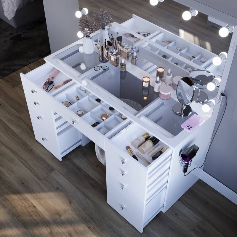 Makeup Vanity Desk w/ Bluetooth Speakers 9 Drawers Glam Glass Top Lighted Crystal Knobs Hairdryer Holder USB Ports