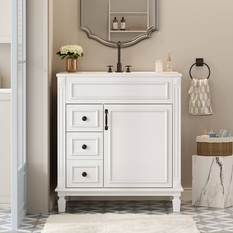 30" Modern Bathroom Vanity with Ceramic Sink - Small Space Cabinet with 2 Soft-Close Drawers & Adjustable Shelf