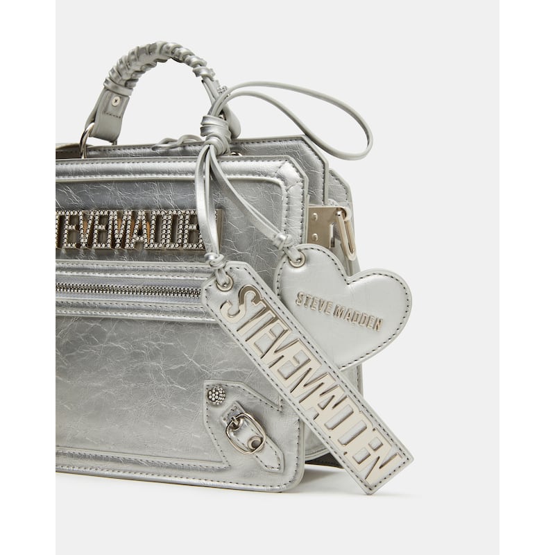 Steve Madden Rhinestone Satchel with Charms - Silver Rhinestone