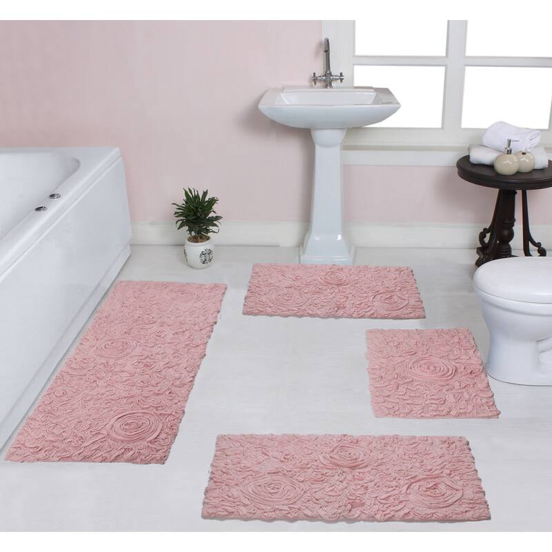 Home Weavers Modesto Collection 100% Cotton Bath Rug, Non-Slip Bath Rug, Extra Soft, Machine Wash, 4 Pcs Set with Runner - Pink - 17"x24", 21"x34", 24"x40", 21"x54"