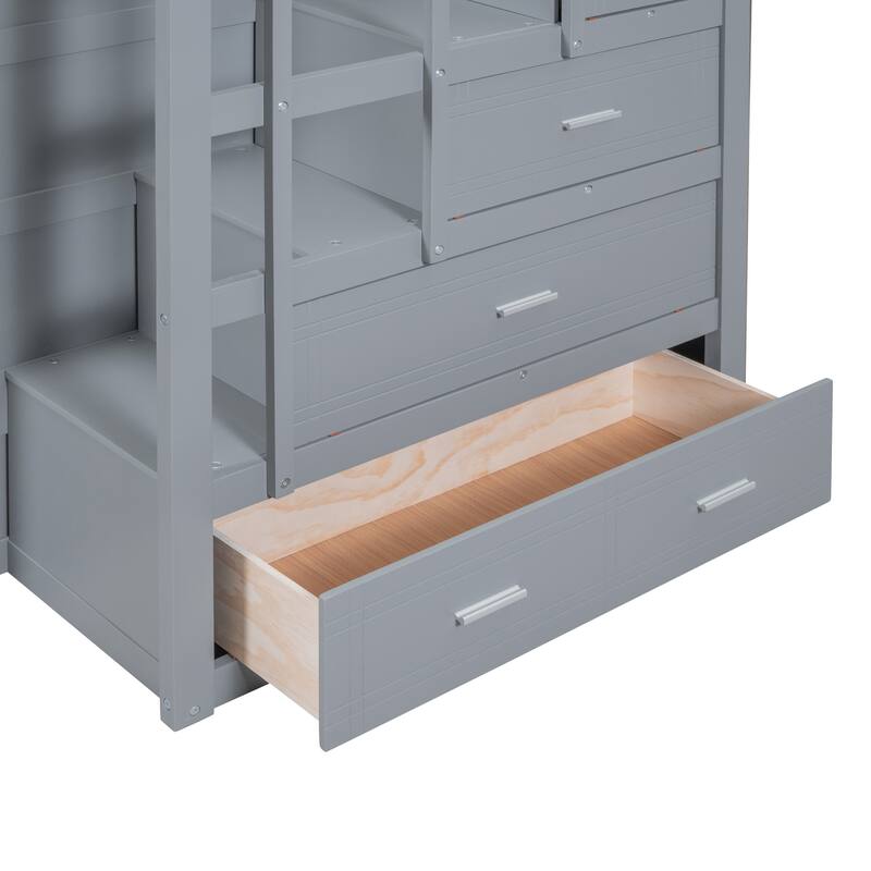 Full Over Full Bunk Bed with Twin Trundle and Staircase, Gray