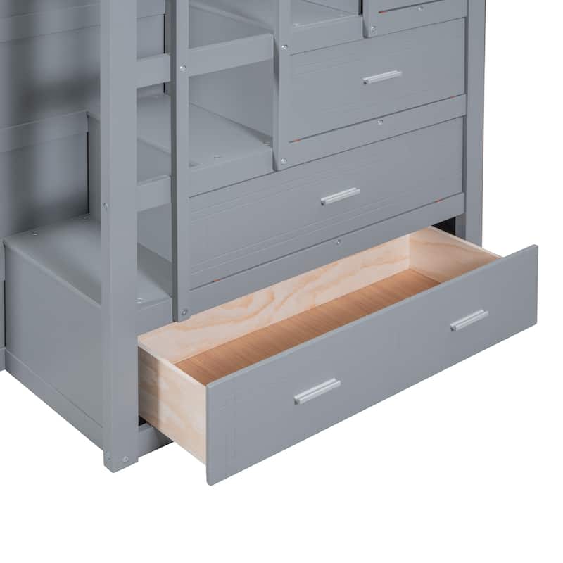 Twin/Full Size Bunk Bed with Trundle Bed and Storage Staircase, Solid Pinewood Bunk Bed Frame with Safety Guardrail