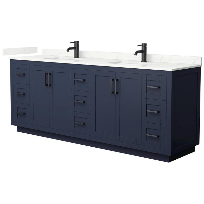 Wyndham Collection WCF292984D-QTZ-UNSMXX Miranda 84" Free Standing - Dark Blue / Giotto Quartz Top / Matte Black