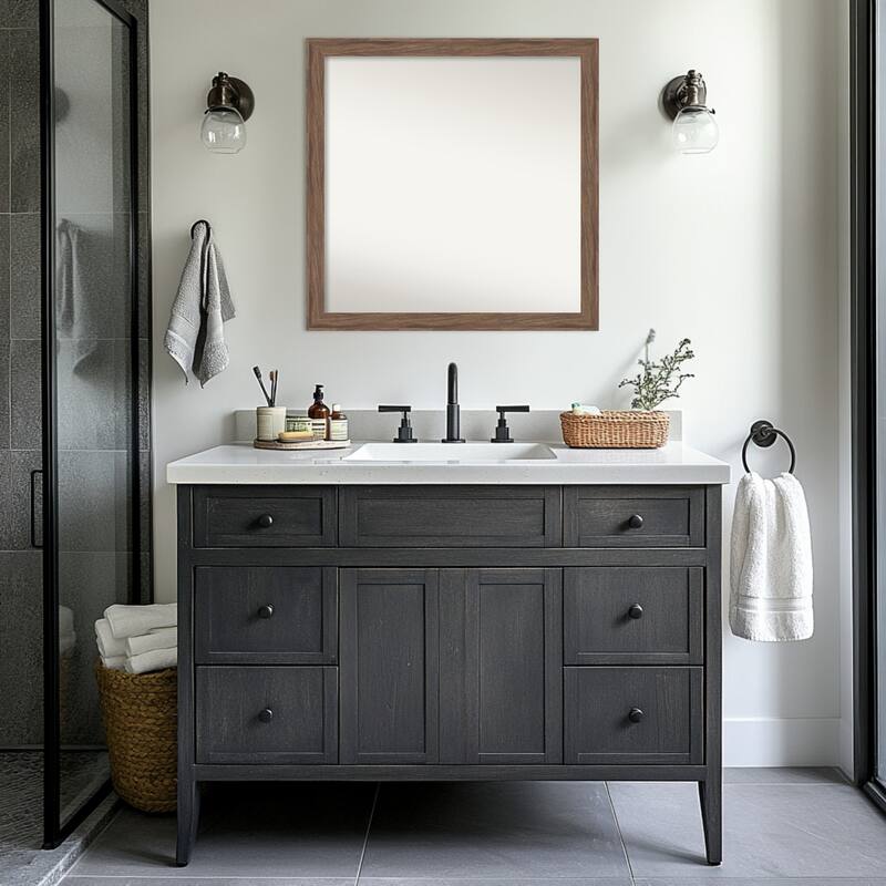 Pia Medium Brown Narrow Non-Beveled Framed Bathroom Vanity Wall Mirror - Pia Medium Brown Narrow