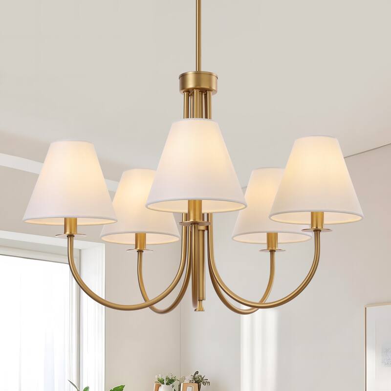 Farmhouse Wheel Chandelier Mid-century Pendant Fixture with Fabric Shades for Interior Lighting - White Shade/Gold Fixture - 5-Light