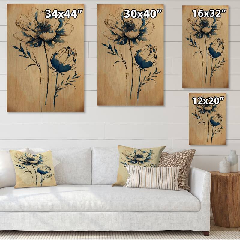Designart 'Blue Vintage Flower Blooming VI' Floral Wood Wall Art - Natural Pine Wood