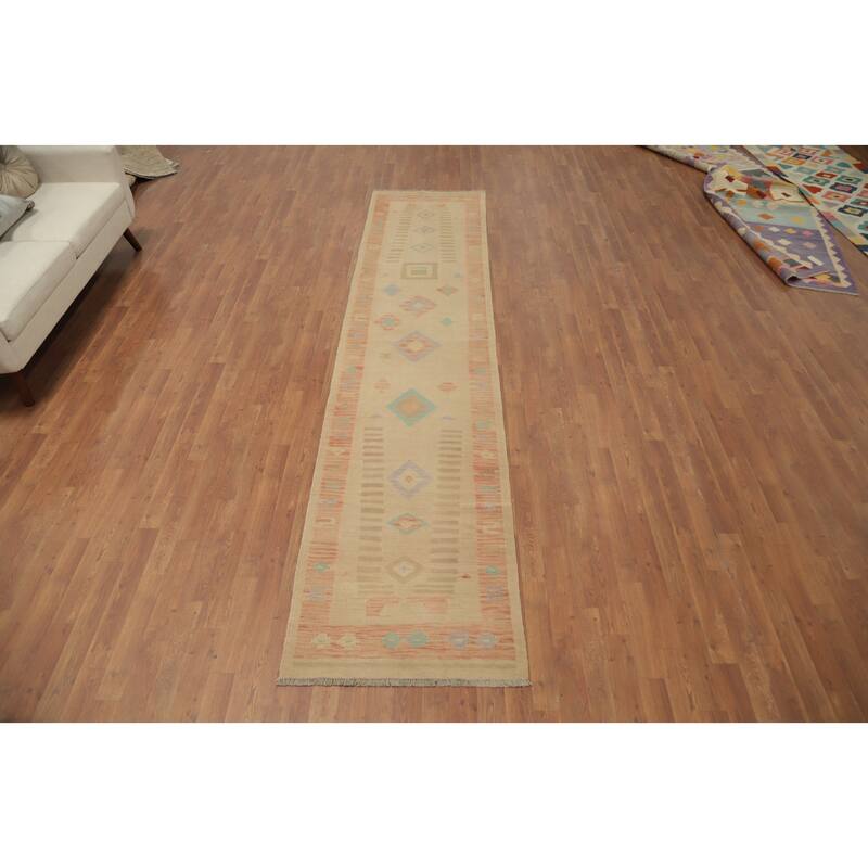 Hand Woven Oriental 100% Wool Carpet Southwestern Tribal Beige & Ivories Kilim Runner Rug - 11' 7'' X 2' 6''